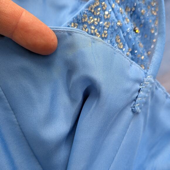 Vintage Prom Dress Maxi Gown 10 Blue Y2K Bead Tulle Shoulder Ball Cinderella - Picture 15 of 16